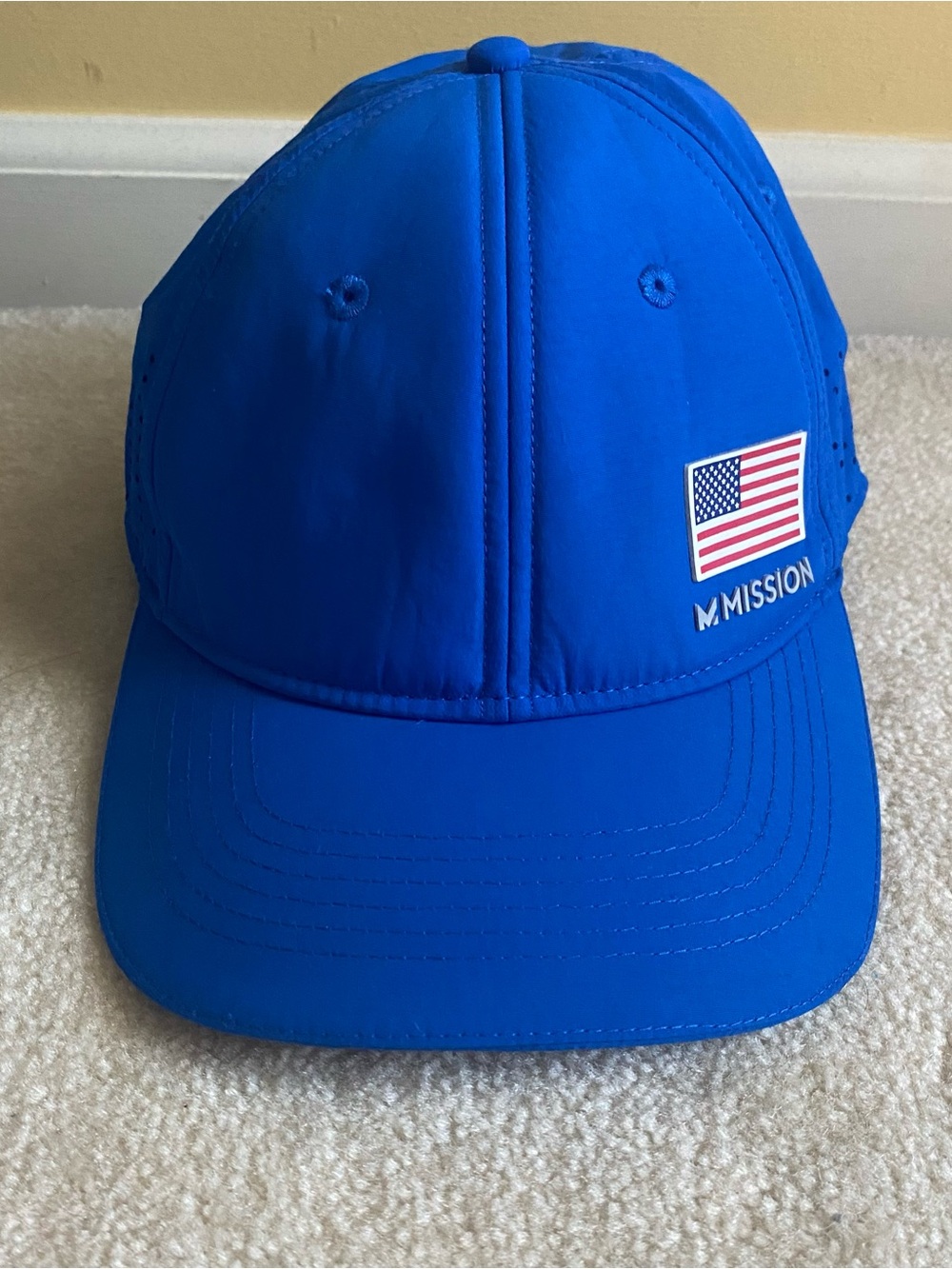 MISSION Vented Cooling Performance Hat Unisex Baseball Cap Royal Blue USA Flag